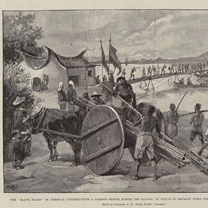 The "Black Flags"in Formosa, constructing a Bamboo Bridge across the Lagoon, by which to retreat when the Japanese attack the Forts (engraving)