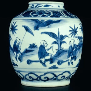 Blue and white jar painted with boys at play on hobbyhorses, Wanli or Chongzheng
