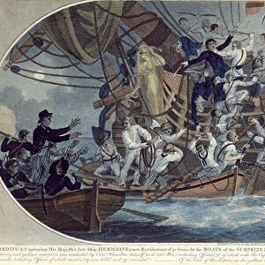 The boarding and capturing of His Majestys late ship, Hermione (now Retribution) 25th October 1799, engraved by Roffe (coloured etching)