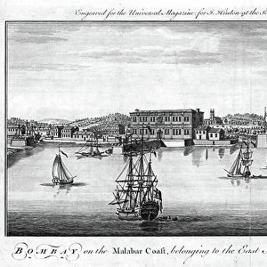 Bombay, East India Company of England's port on the Malabar Coast of India, with Company trading vessels in the foreground and quayside warehouses and buildings behind. Copperplate engraving, London, 1755