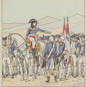 Bonaparte reprimande le 85e et le 39e de la division Vaubois sur le plateau de Rivoli (colour litho)