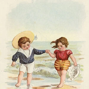 Boy and girl playing on the beach (chromolitho)