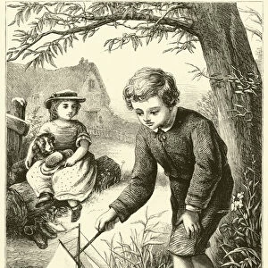 Boy playing with a toy boat (engraving)
