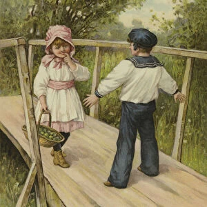 A boy telling a girl she must pay a toll to cross the bridge he is standing on (chromolitho)