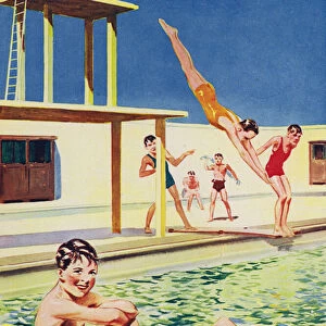 Boys at the swimming pool (colour litho)