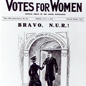 Bravo, N. U. R!, front cover of Votes for Women, July 2nd 1915 (etching)