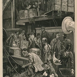 Breaking bulk on board a tea ship in the London docks (engraving)