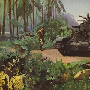 British anti-tank gun confronting a Japanese medium tank, World War II (colour litho)
