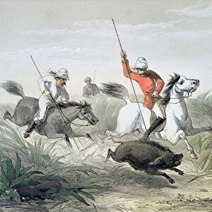 British Army Officers hunting Wild Pig in India, 1860s (colour litho)