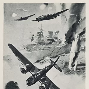 British Bristol Blenheim light bombers of the RAF attacking a German naval base, World War II (litho)