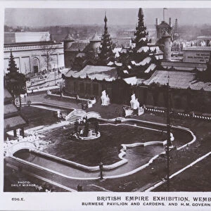 British Empire Exhibition, Wembley: Burmese Pavilion and Gardens, and H M Government Office (b / w photo)