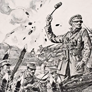 British officer hurling grenades from trench at attacking Germans, from The
