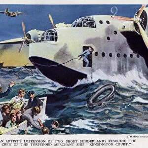Two British RAF Short Sunderland flying boats rescuing the crew of the merchant ship Kensington Court, torpedoed and sunk by German U-boat U-32, World War II, 18 September 1939 (colour litho)