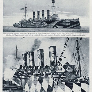 British ships painted with dazzle camouflage to mislead the enemy during World War I, 1914-1918 (b / w photo)
