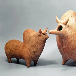 Two burnished baked clay vessels in the shape of zebus (bull) Amlash, N. W. Iran c. 1400-1000 BC (terracotta)