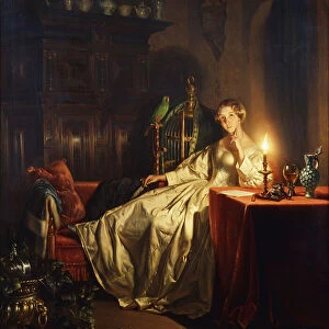 A Candlelit Interior with a Lady Seated at a Table, 1865 (oil on panel)