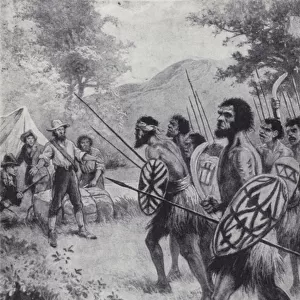Captain Cook and the indigenous people of Australia, 1770 (litho)
