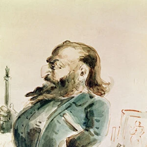 Caricature of Gustave Courbet (1819-77) holding the Colonne de Vendome (w / c on paper)