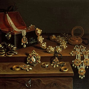 Casket of jewels on a table, principally of German Origin (1600-50)