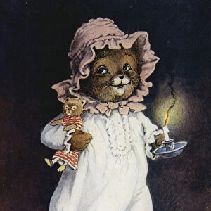 Cat in nightdress, carrying a candle and teddy cat, going to bed (colour litho)