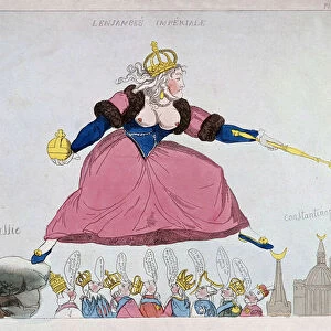 Catherine-II jumping from Russia to Constantinople over European sovereigns, caricature