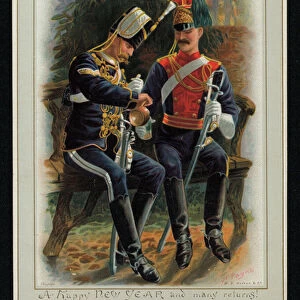 Two cavalry soldiers enjoying a drink, New Years greetings card. (chromolitho)