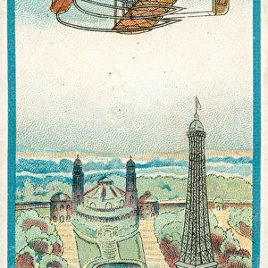 Charles de Lambert flying a Wright biplane from the Juvisy Aerodrome to the Eiffel Tower and back, October 1909 (chromolitho)