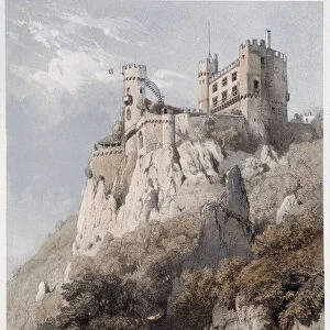 Chateau Rheinstein. In "The monumental and picturesque Rhine". Lithographs by Fourmais and Stroobant, 19th century