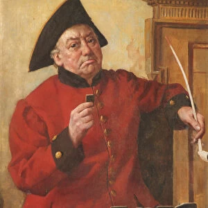 A Chelsea Pensioner playing dominos (oil on canvas)