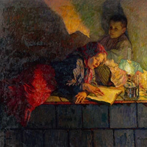 Children Reading by Candlelight (oil on canvas)