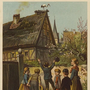 Children watching a stork perched on the roof of a house (colour litho)