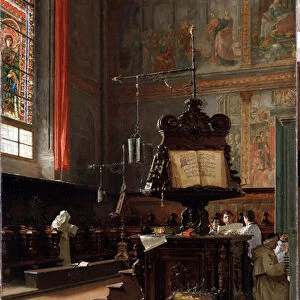 In the choir of the church (oil on canvas, 19th-20th century)