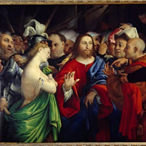 Christ and adulterous woman. Painting by Lorenzo Lotto (1480-1556), 16th century