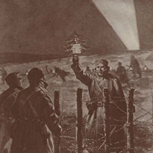 Christmas truce on the front line between British and German soldiers, World War I, Christmas, 1914 (litho)