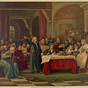 Christopher Columbus at the Royal Court of Spain, pub. 1884 (colour litho)