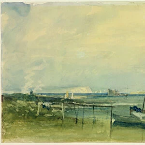 Coast Scene with White Cliffs and Boats on Shore (w / c & graphite on paper)