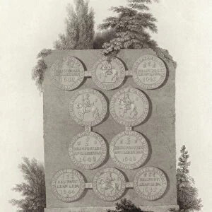Coins of King Charles I during the English Civil War (engraving)