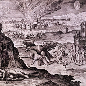 Conquest of the Aztecs: Death of Montezuma, from Newe Weld un Americanische Historien, by Johann Ludwig Gottfried, 1631 (litho)