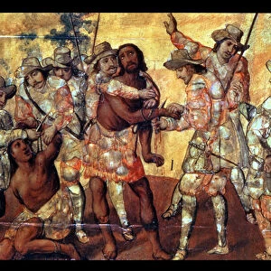 Detail of the Conquistadors Cutting off the hands of Two Spies of Xicotencatl, 1698 (oil on panel)