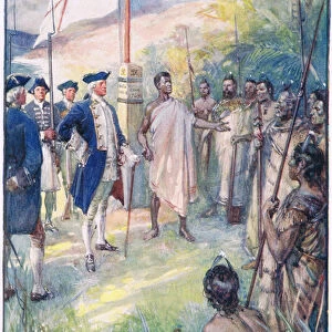 Cook told the Maoris he had come to set a mark on their islands (colour litho)