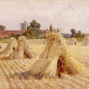 Corn Stooks by Bray Church, 1872 (oil on paper laid on board)