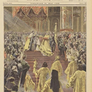 The coronation of Tsar Nicholas II and Tsarina Alexandra of Russia (colour litho)
