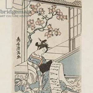 Courtesan Reading a Letter, with a Cat (colour woodblock print)
