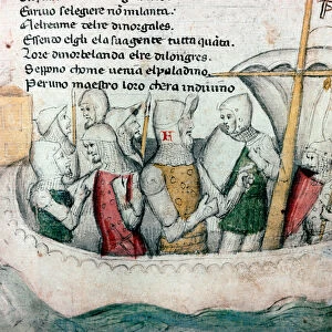 Crusaders on a boat. 15th century (miniature)