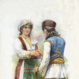 Customary Greeting in Bulgaria, 1907 (colour litho)