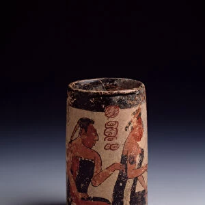 Cylindrical vase decorated with two men and a woman performing a ritual (clay)