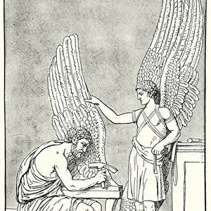 Daedalus making wings for his son, Icarus (litho)