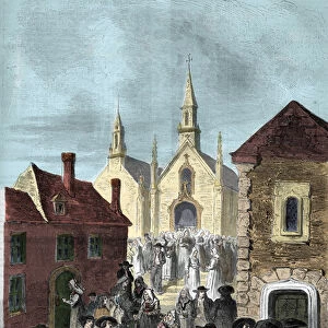 Daily life in Brittany: exit from the church of Locmine, 1862