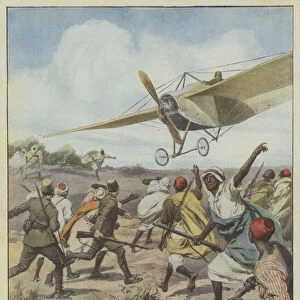 The dangers of aviation, Captain Moizo during a flight between Tripoli and Zuara must descend... (colour litho)