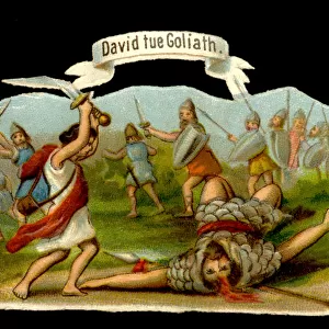 David and Goliath: David kills Goliath with his epee. 19th century chromolithography